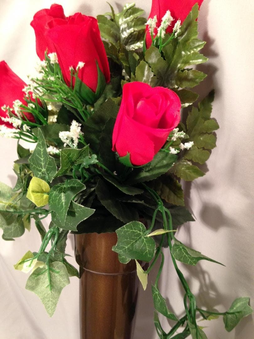 Crypt Mausoleum Vase & Red Rose Silk Flowers w/ Button Bolt Support for Inverted "V"
