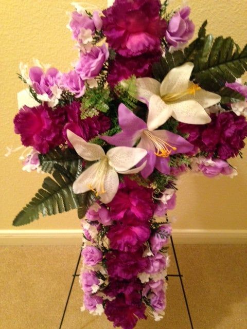 Cemetery Flower CROSS on Easel in Silk Purple Roses & Carnations for Grave-site Presentation in Remembrance of Loved Ones -