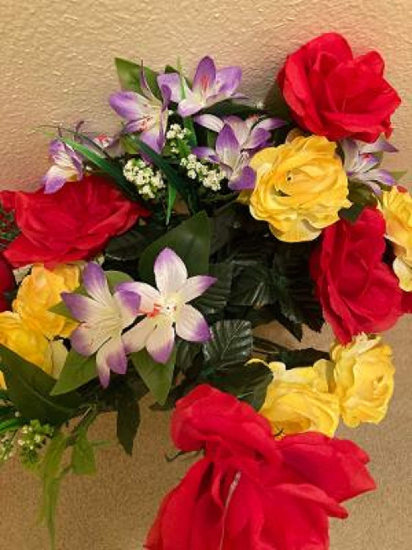Cemetery Silk Red & Yellow Roses Supreme Arrangement with Vase