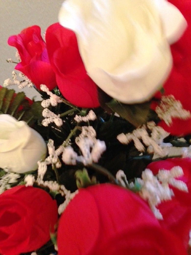Cemetery vase of ROSES Galore Red and White Silk DELUXE for Grave-site Presentation in Remembrance of Loved Ones -