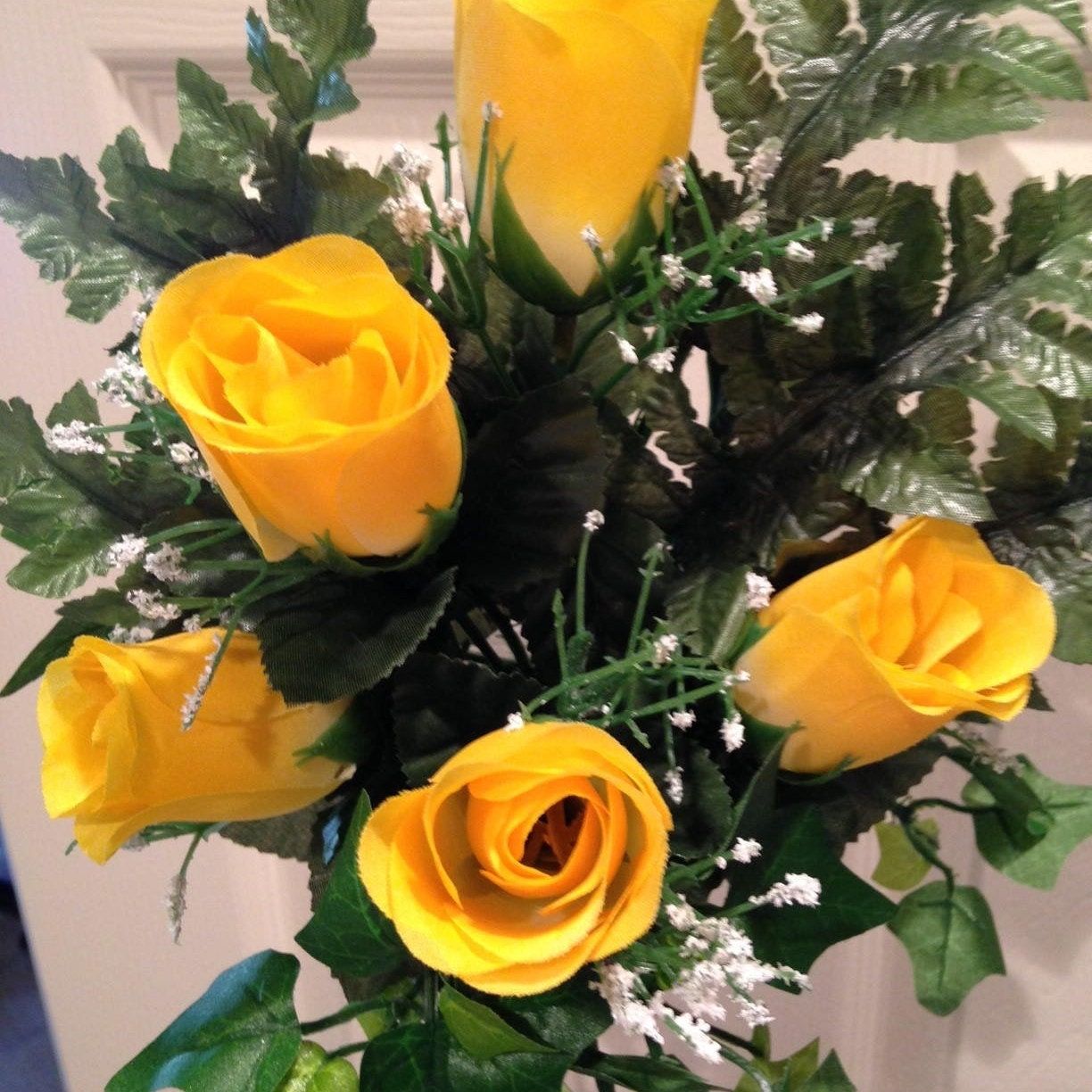 Artificial Flower CRYPT / MAUSOLEUM Bouquet (No Vase) of Yellow ROSE w/ Baby's Breath Ivy for Presentation in Remembrance of Loved Ones -