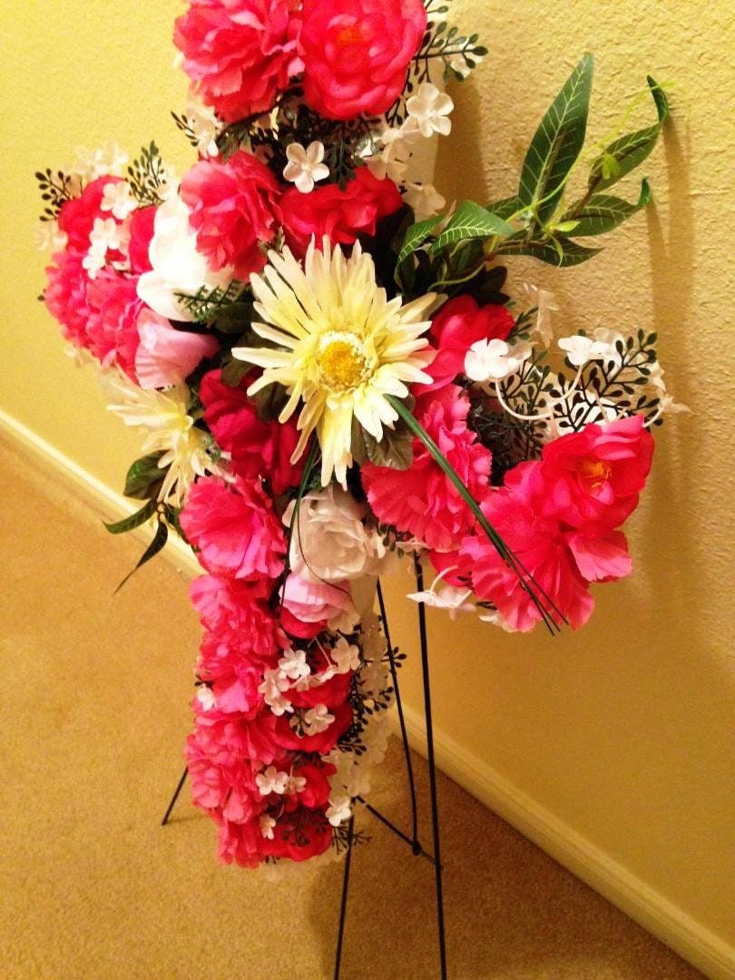Cemetery Silk Flower CROSS in PINK Easel Mount for Grave-site Presentation in Remembrance of Loved Ones -