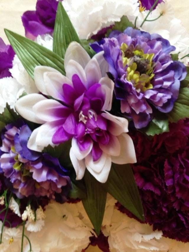 FLOWER Cemetery HEART on Easel with Purple Silk Carnations for grave-site presentation in remembrance of loved ones -