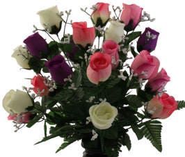 Cemetery VASE of ROSES Galore DELUXE Pink / Purple / White  for Grave-site Presentation in Remembrance of Loved Ones -