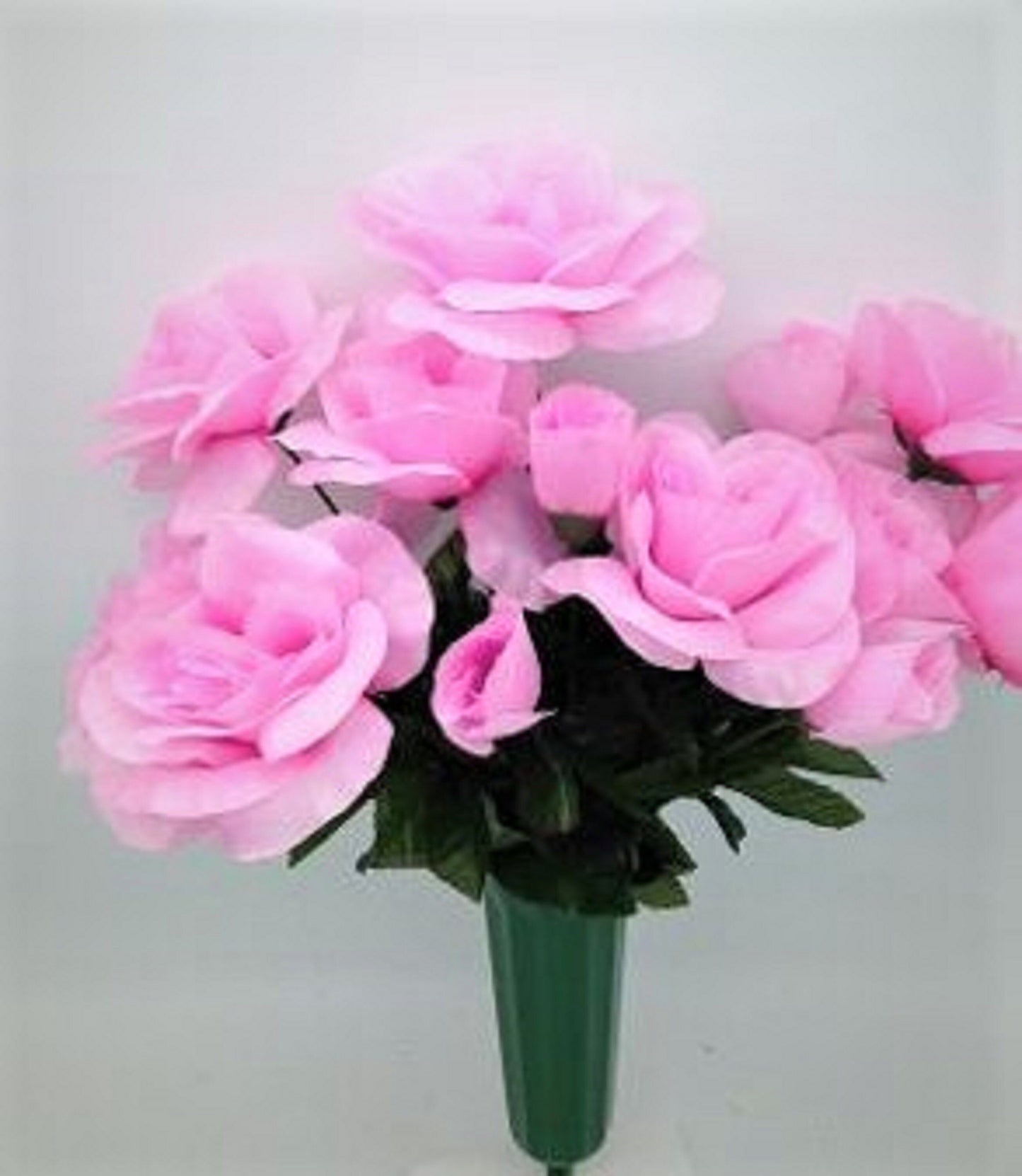 Cemetery Silk Flower Vase PINK Open Rose Bouquet