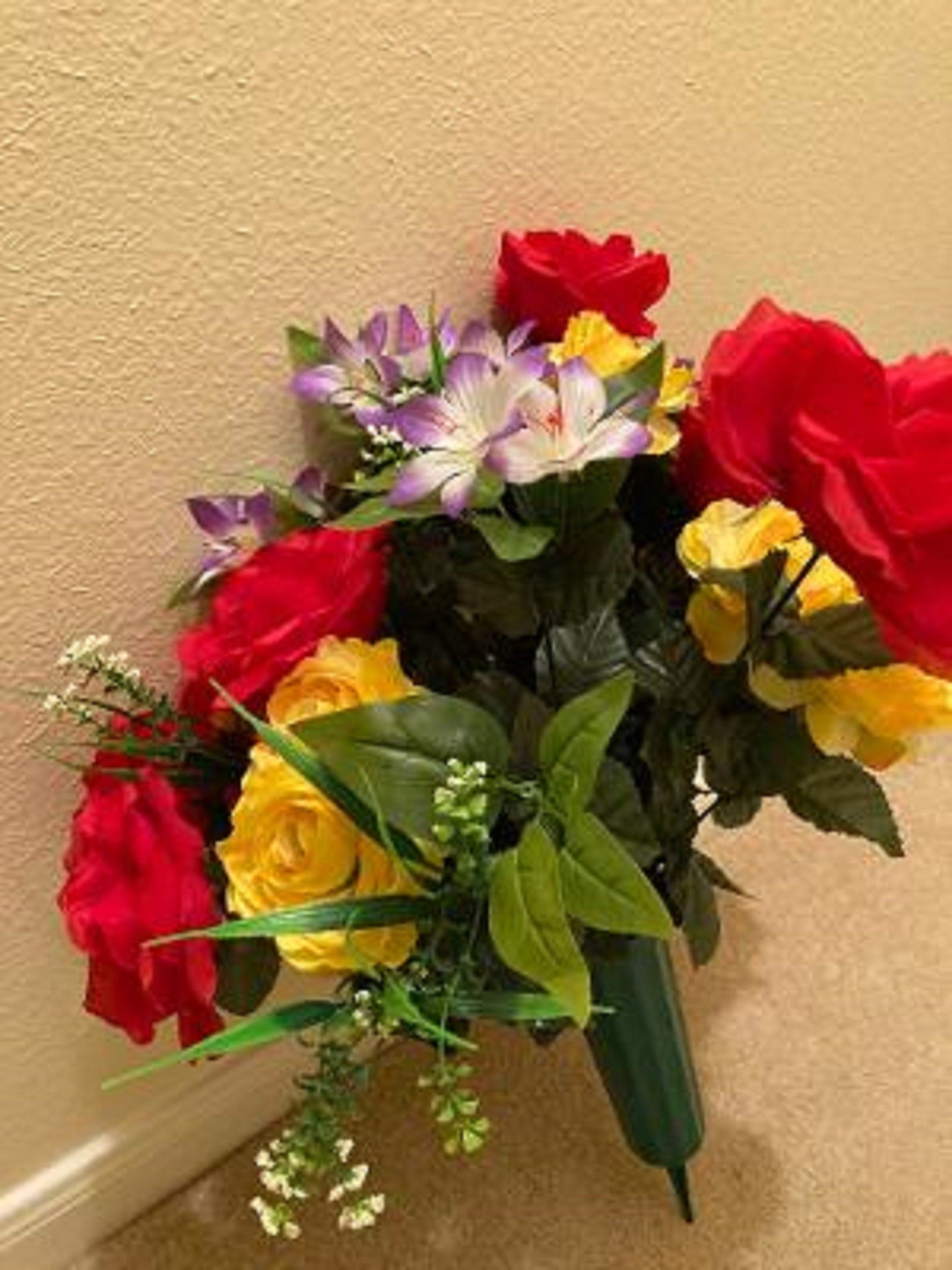Cemetery Silk Red & Yellow Roses Supreme Arrangement with Vase