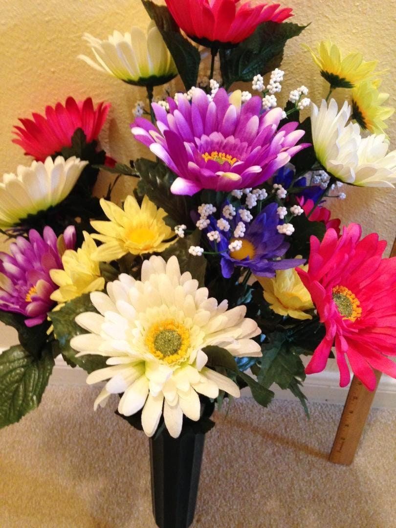 Cemetery Silk Flower Vase of Gerbera Sun Daisy Deluxe for Grave-site Presentation in Remembrance of Loved Ones -