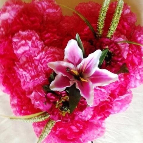 FLOWER Cemetery HEART on Easel with Silk Pink Carnations  for grave-site presentation in remembrance of loved ones -