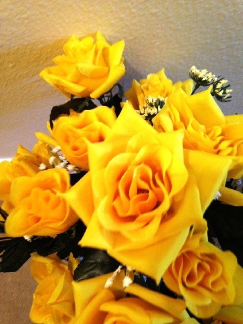 Cemetery VASE Silk ROSES in Yellow for Grave-site Presentation in Remembrance of Loved Ones -