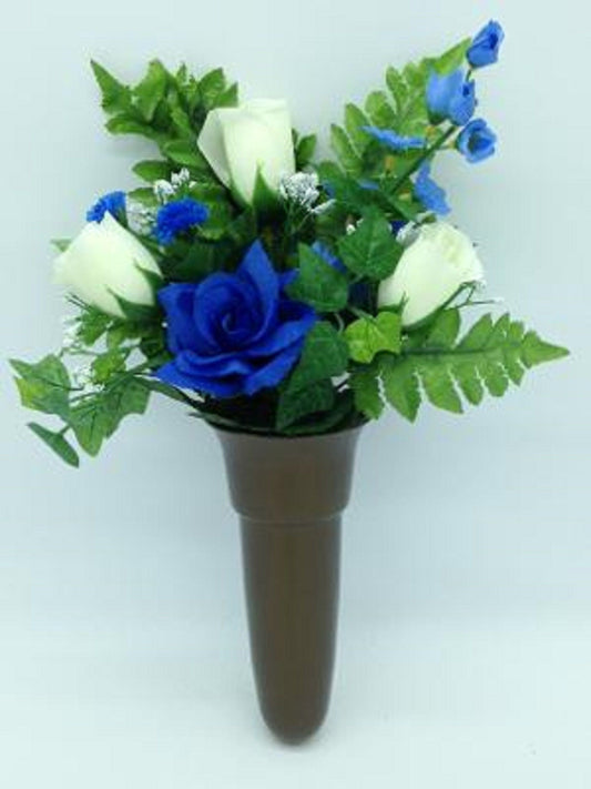 Crypt Mausoleum Vase & Cream Roses Blue Silk Flowers w/ Button Bolt Support