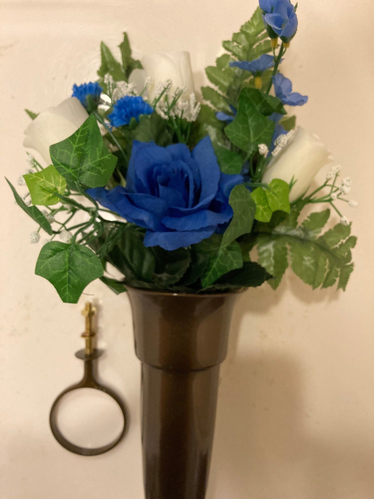 Crypt Mausoleum Vase & Cream Roses Blue Silk Flowers w/ Ring Bolt Support