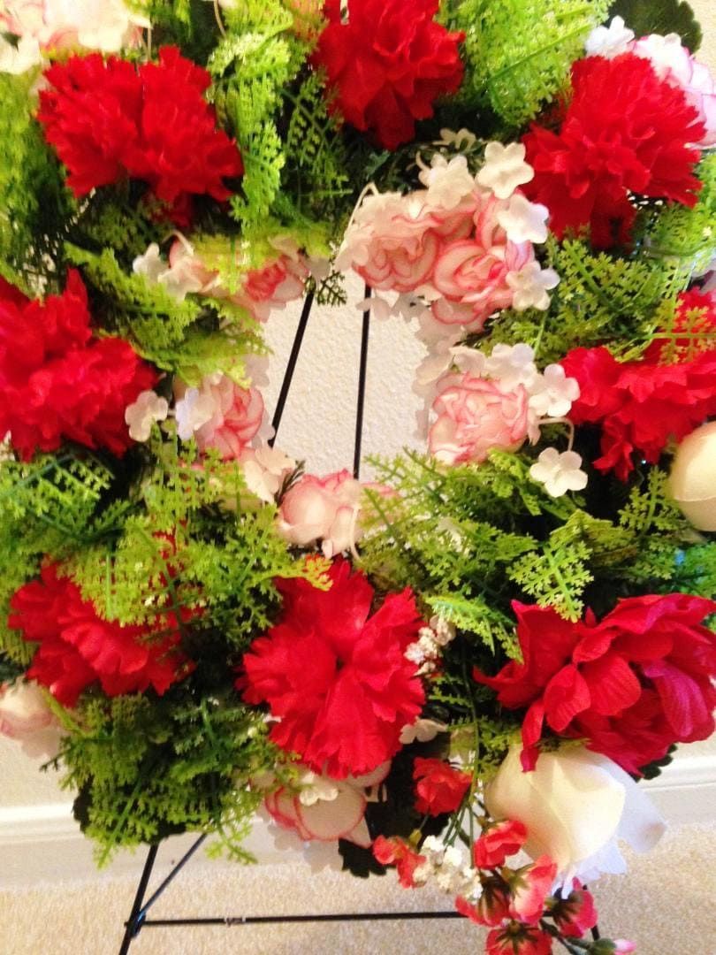 Cemetery WREATH on Easel in Silk RED Roses & Carnations for grave-site presentation in remembrance of loved ones -
