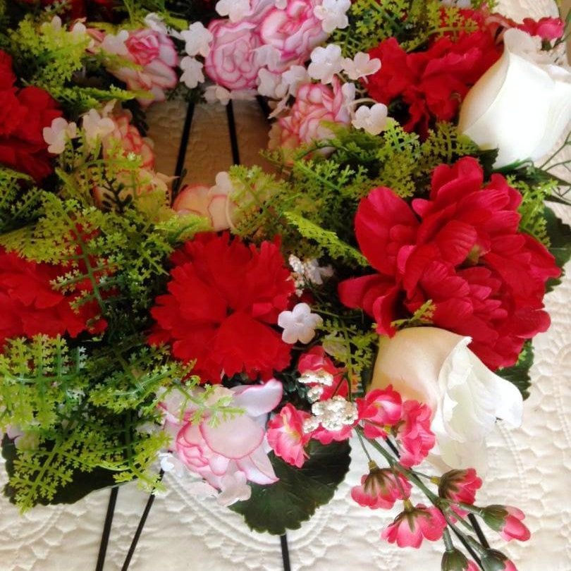 Cemetery WREATH on Easel in Silk RED Roses & Carnations for grave-site presentation in remembrance of loved ones -