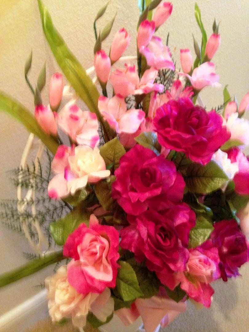 Cemetery Silk Flower Pink and Dark Red ROSE PEONY Gladiola Hoop Handle Basket for Grave-site Presentation in Remembrance of Loved Ones -