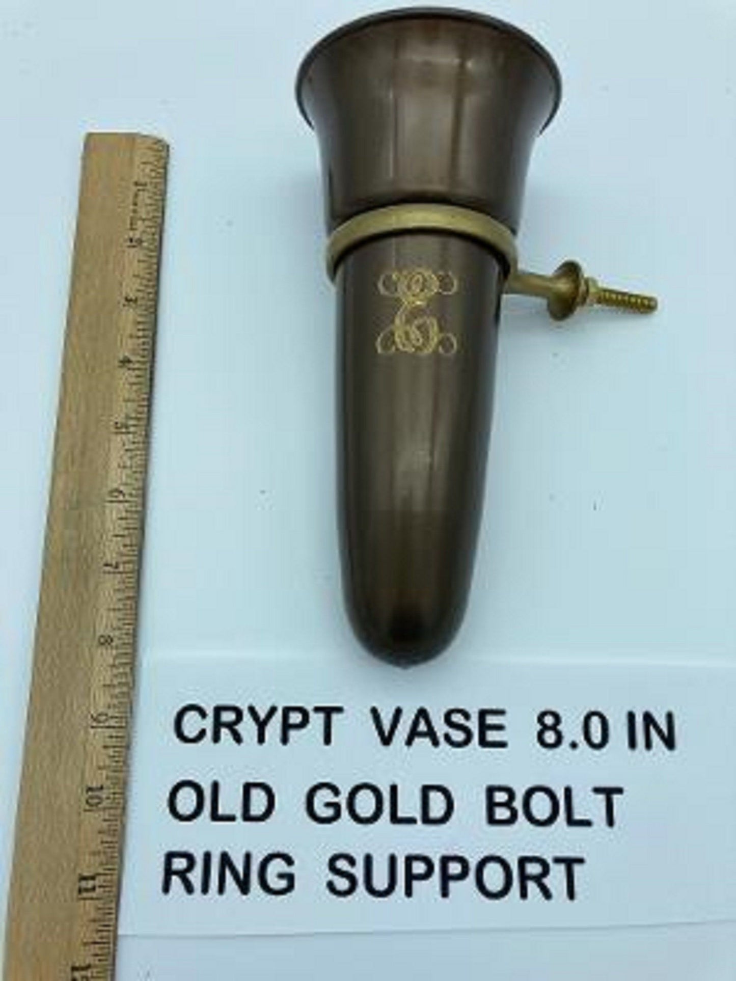 Custom Engraved Crypt Mausoleum Brown Vase 8 IN - Add Personal Engraved Initial - with Old Gold Bolt/Ring Support - Royal Duchess -