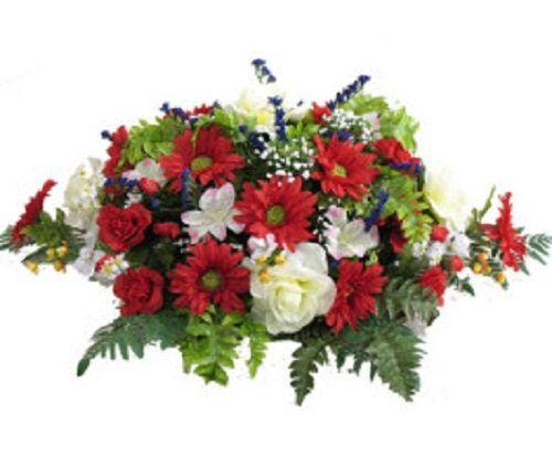 FLOWER Cemetery SADDLE for Headstone Mount in Silk Red and White for Grave-site Presentation in Remembrance of Loved Ones -