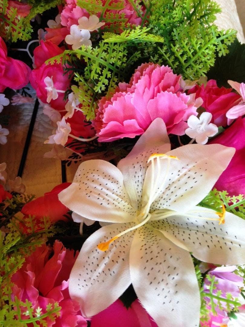 Cemetery Wreath on Easel in Pink Roses & Carnation for grave-site presentation in remembrance of loved ones. Easel Mounted