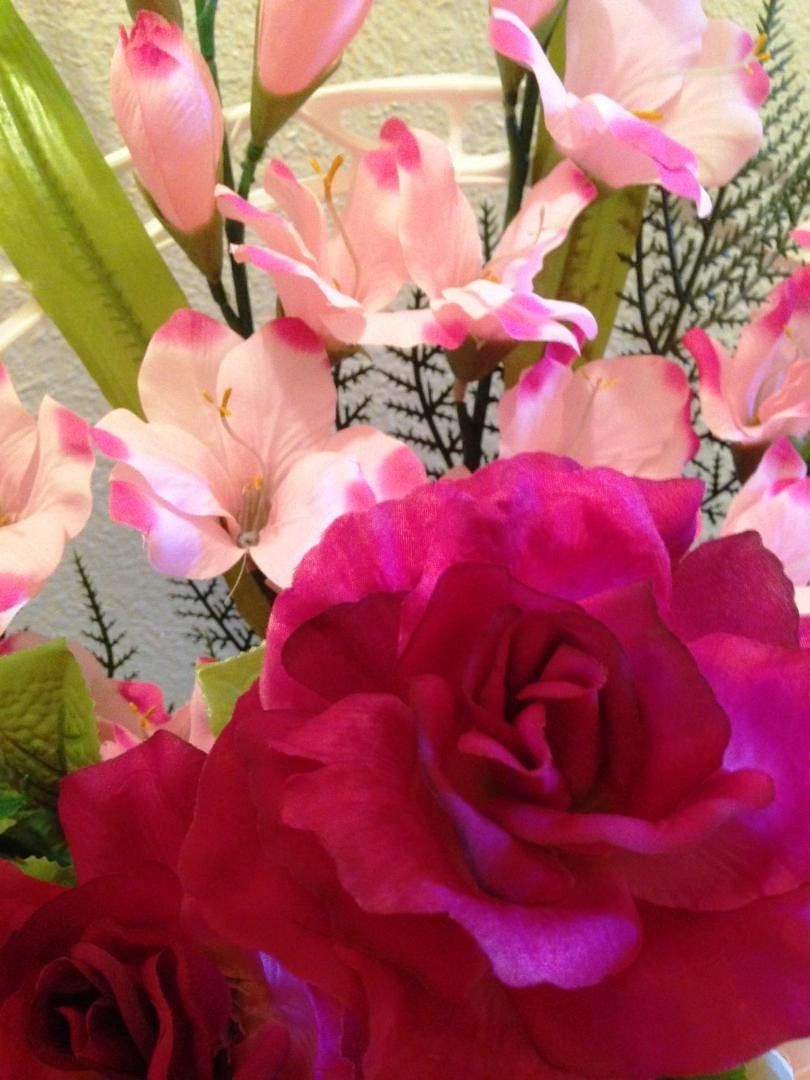Cemetery Silk Flower Pink and Dark Red ROSE PEONY Gladiola Hoop Handle Basket for Grave-site Presentation in Remembrance of Loved Ones -