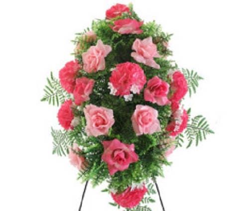 FLOWER Cemetery SPRAY on Easel in Pink Silk Roses & Carnations for Grave-site Presentation in Remembrance of Loved Ones -