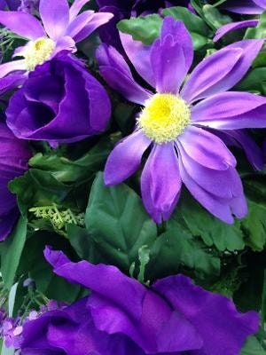 Flower Cemetery SADDLE for Headstone Mount in Silk PURPLE & White for Grave-site Presentation in Remembrance of Loved Ones.