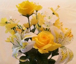 BOUQUET VASE of YELLOW Roses and White Tiger Lilies for Grave-site Presentation in Remembrance of Loved Ones Or Home Garden Use