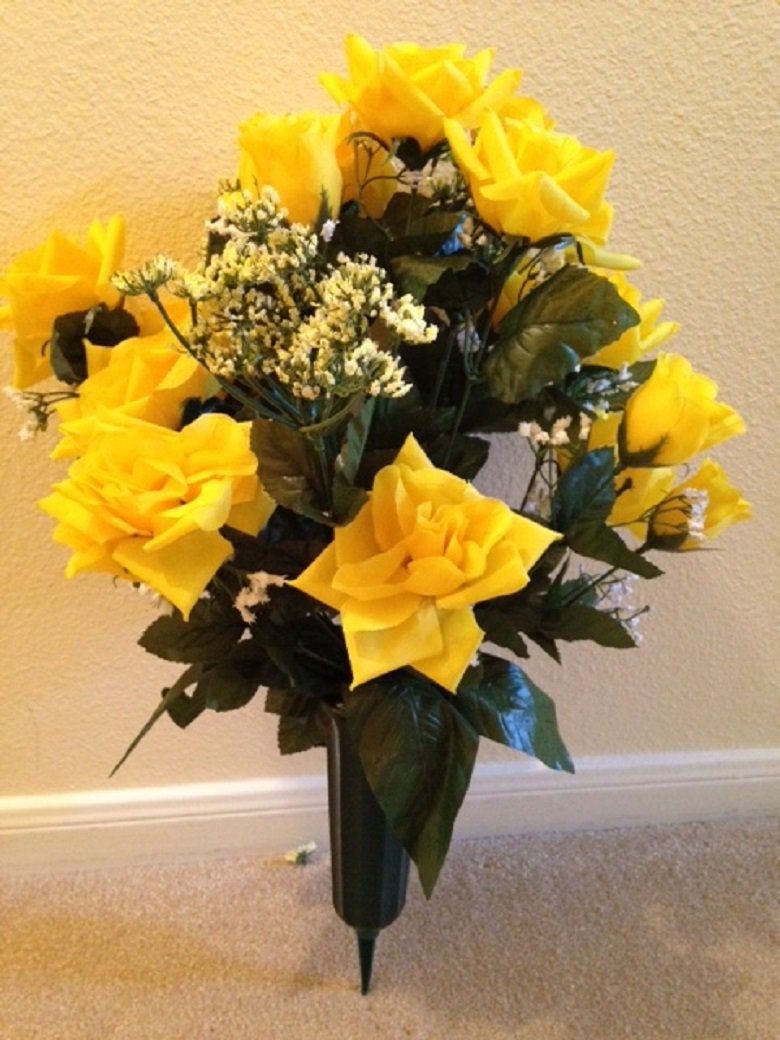 Cemetery VASE Silk ROSES in Yellow for Grave-site Presentation in Remembrance of Loved Ones -