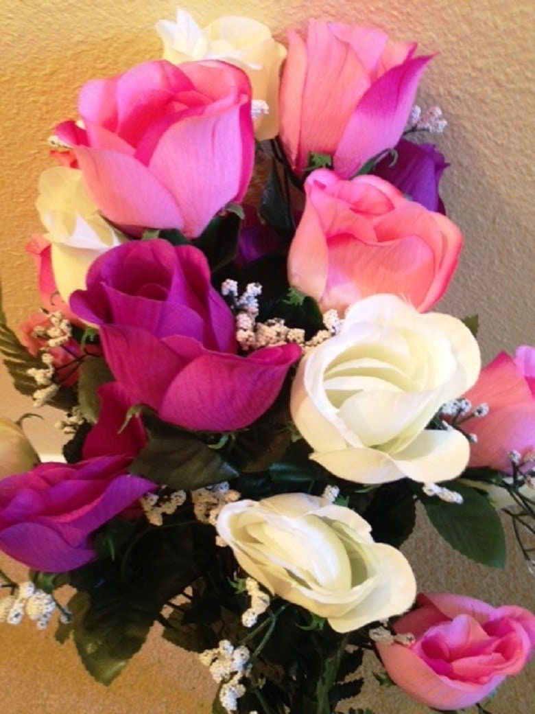 Cemetery VASE of ROSES Galore DELUXE Pink / Purple / White  for Grave-site Presentation in Remembrance of Loved Ones -