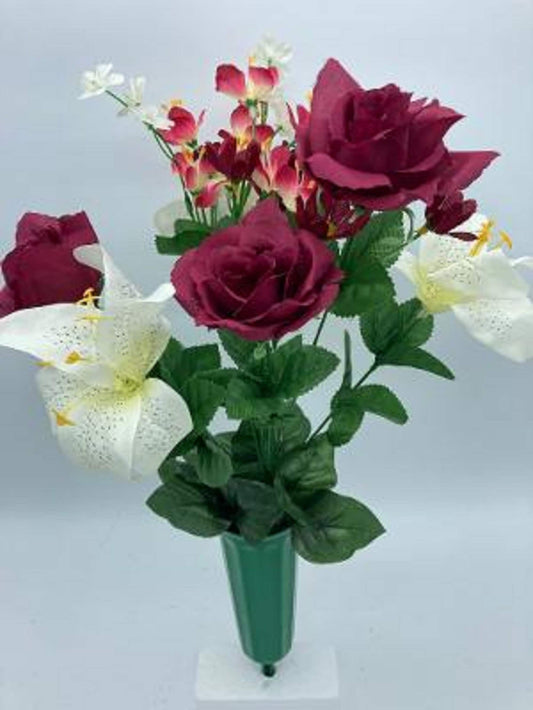 Cemetery Silk Flower Vase  Dark Red Roses and Lilies Bouquet