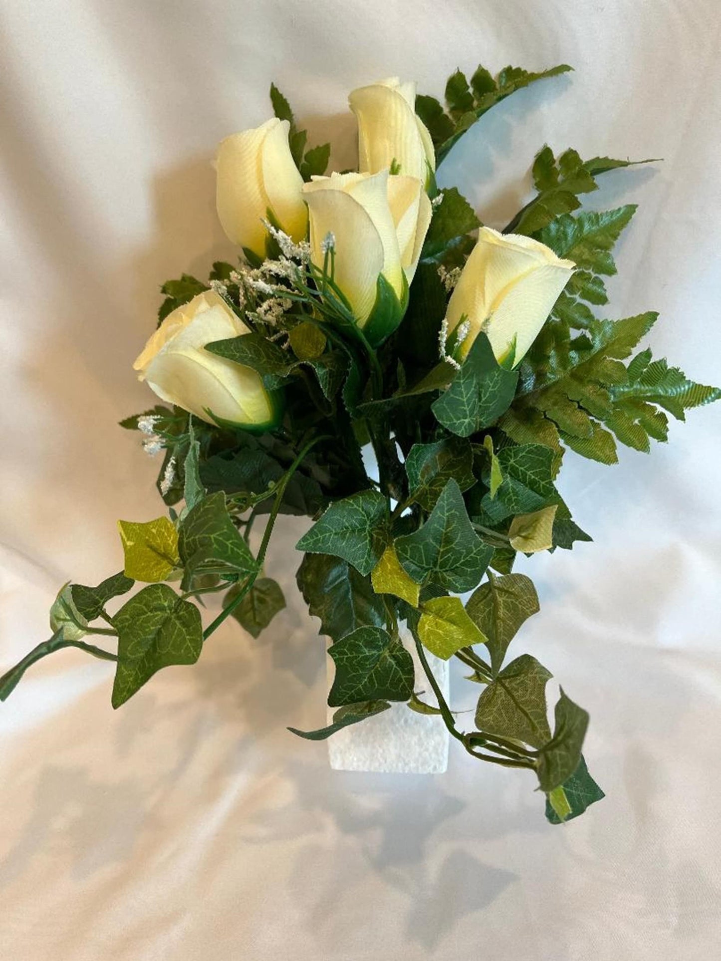 Silk Flower CRYPT / MAUSOLEUM Bouquet (No Vase) of WHITE Roses w/ Baby's Breath Ivy for Presentation in Remembrance of Loved Ones -