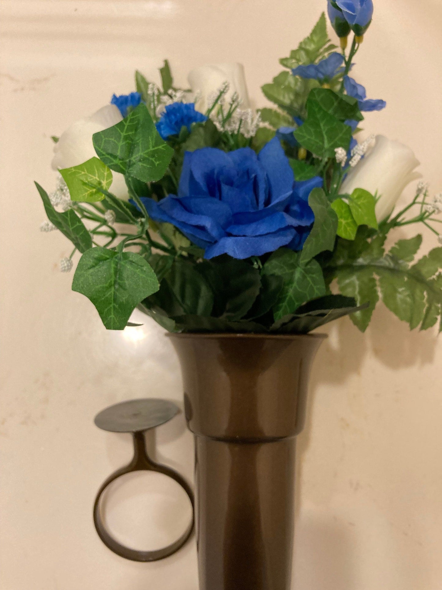 Crypt Mausoleum Vase & Cream Roses Blue Delphinium Silk Flowers w/ Disc Base Ring Support for Epoxy