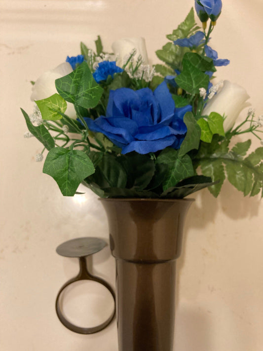 Crypt Mausoleum Vase & Cream Roses Blue Delphinium Silk Flowers w/ Disc Base Ring Support for Epoxy