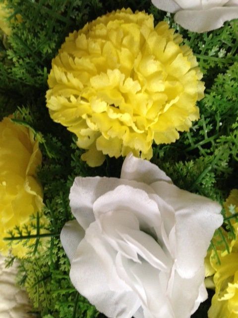 Artificial FLOWER SPRAY in Deluxe Yellow Easel Mount for Grave-site Presentation in Remembrance of Loved Ones -