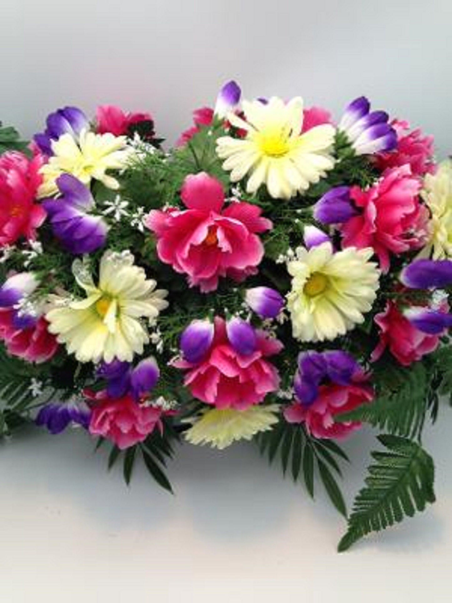 FLOWER Cemetery SADDLE for Headstone Mount in Silk Pink Carnations & Roses for Grave-site Presentation in Remembrance of Loved Ones -