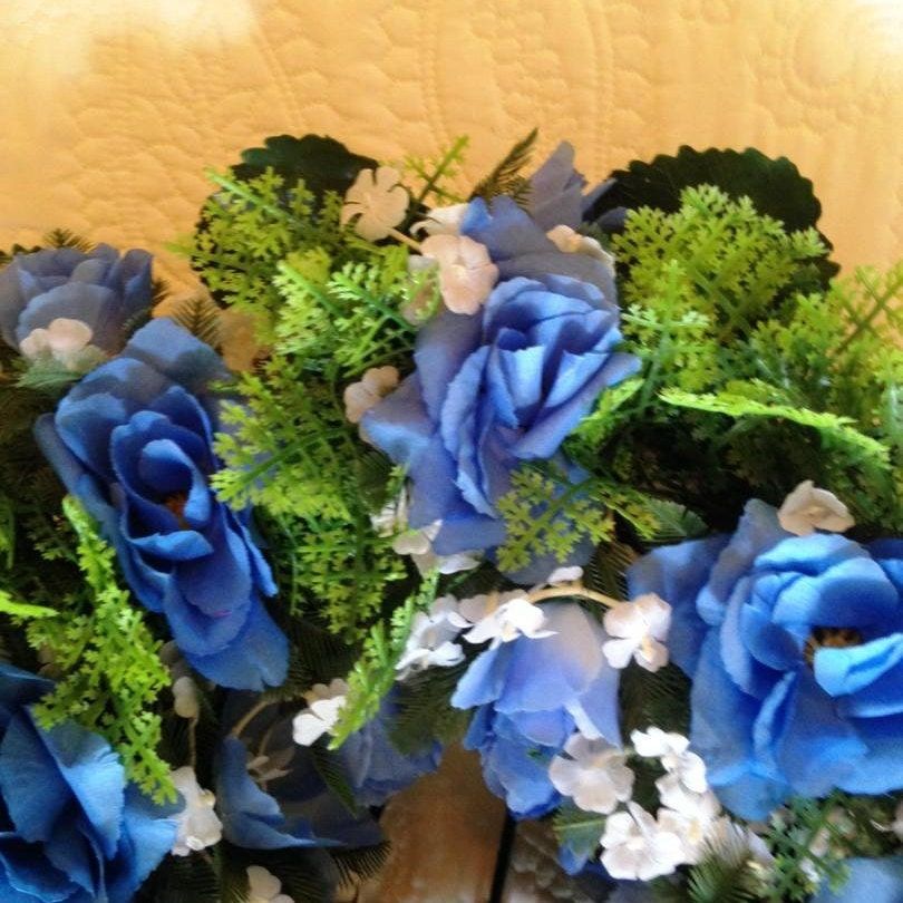 Cemetery WREATH on easel in BLUE Silks Large Deluxe  for grave-site presentation in remembrance of loved ones -
