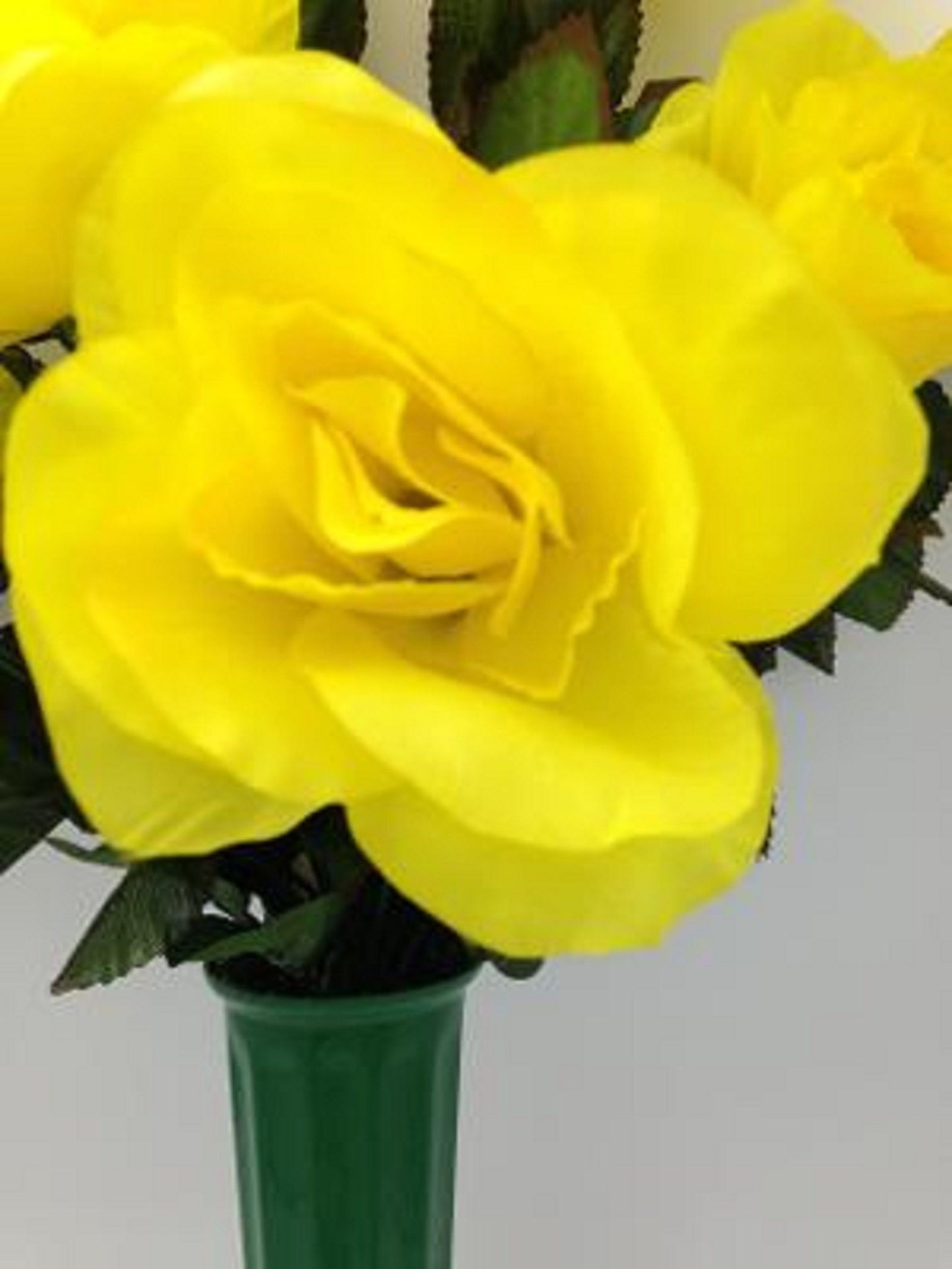 Cemetery Silk Flower Vase YELLOW Open Rose Bouquet