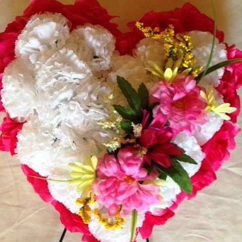 FLOWER Cemetery HEART on Easel with Silk Pink Carnations  for grave-site presentation in remembrance of loved ones -