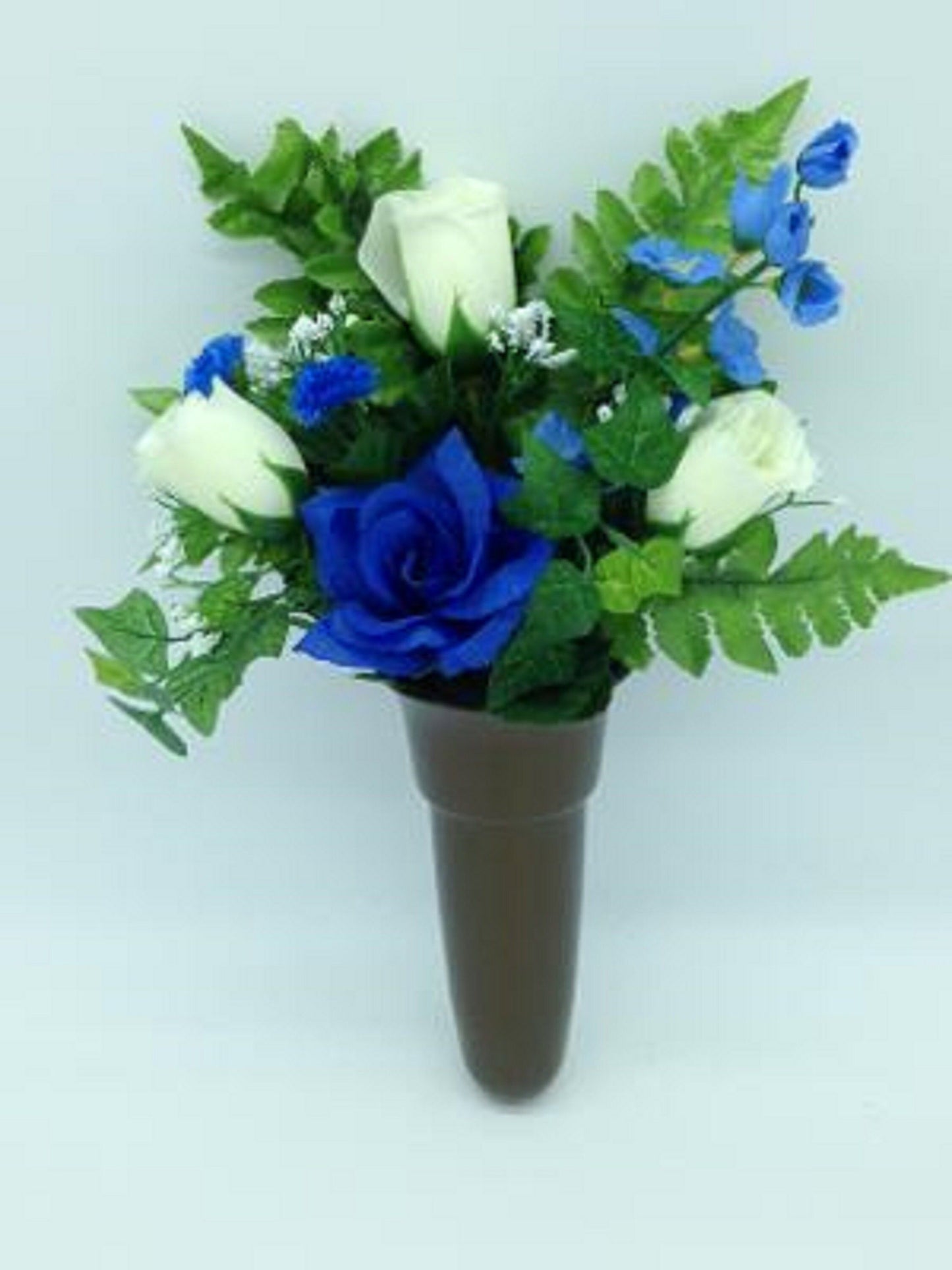 Crypt Mausoleum Vase & Cream Roses Blue Delphinium Silk Flowers w/ Disc Base Ring Support for Epoxy