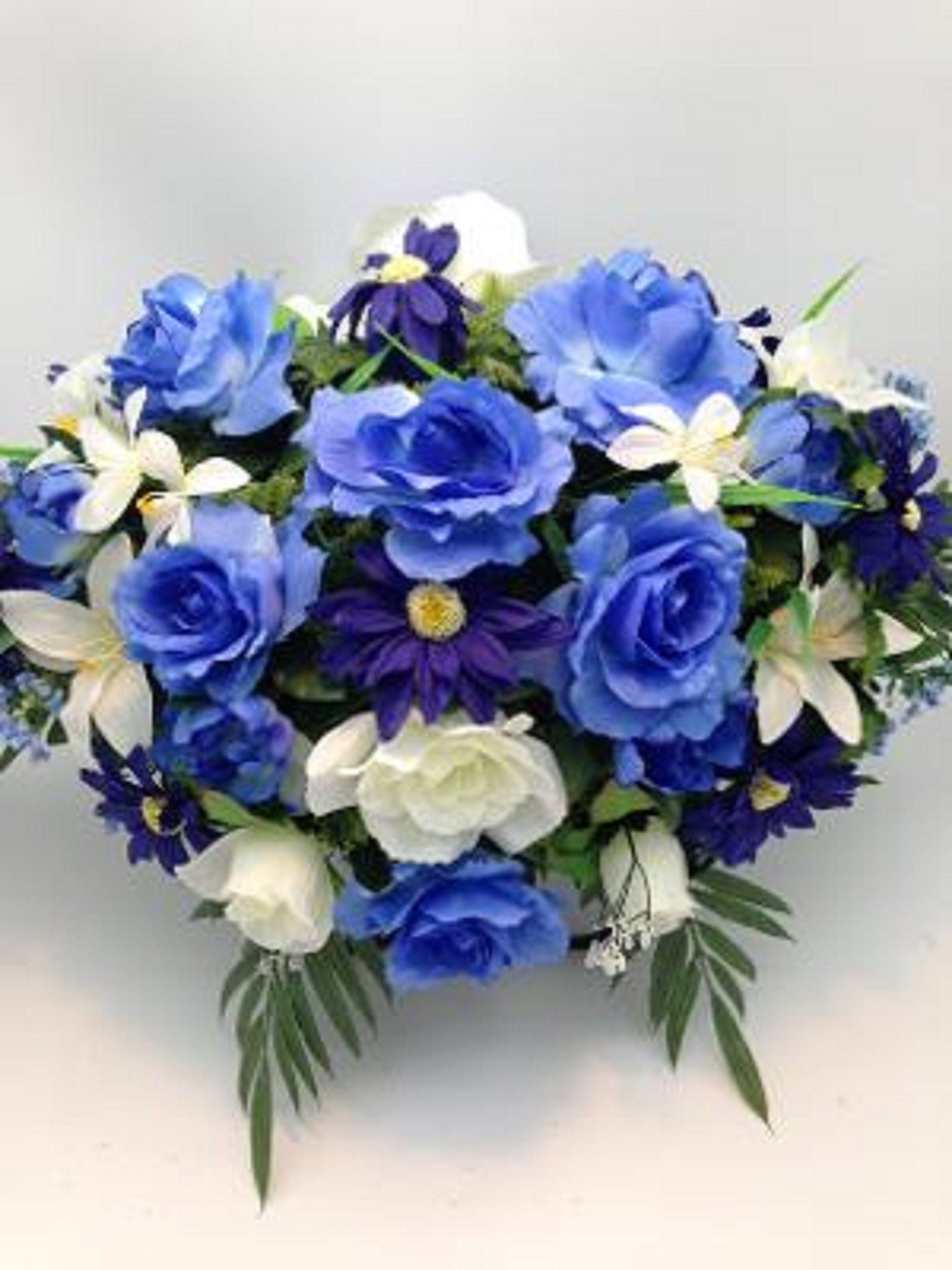 FLOWER Cemetery SADDLE in Deluxe Silk BLUE for Grave-site Presentation in Remembrance of Loved Ones.