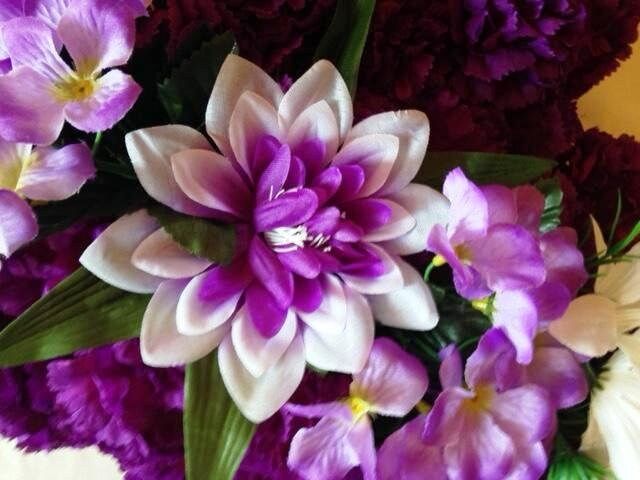 FLOWER Cemetery HEART on Easel with Purple Silk Carnations for grave-site presentation in remembrance of loved ones -