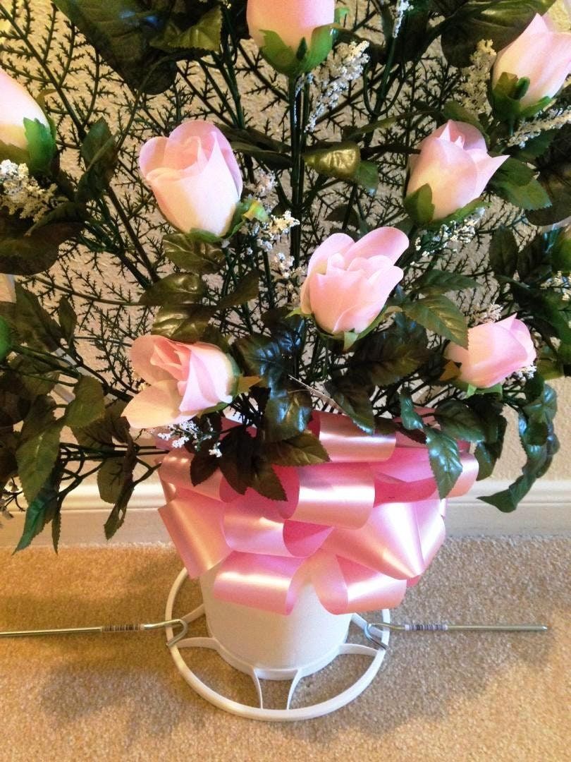 Cemetery Silk Flower PINK ROSEBUDS and Hoop Handle Basket for Grave-site Presentation in Remembrance of Loved Ones -