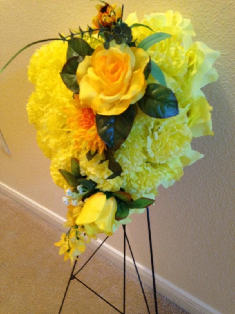 FLOWER Cemetery HEART on easel in Silk Yellow Roses & Carnations for grave-site presentation in remembrance of loved ones -