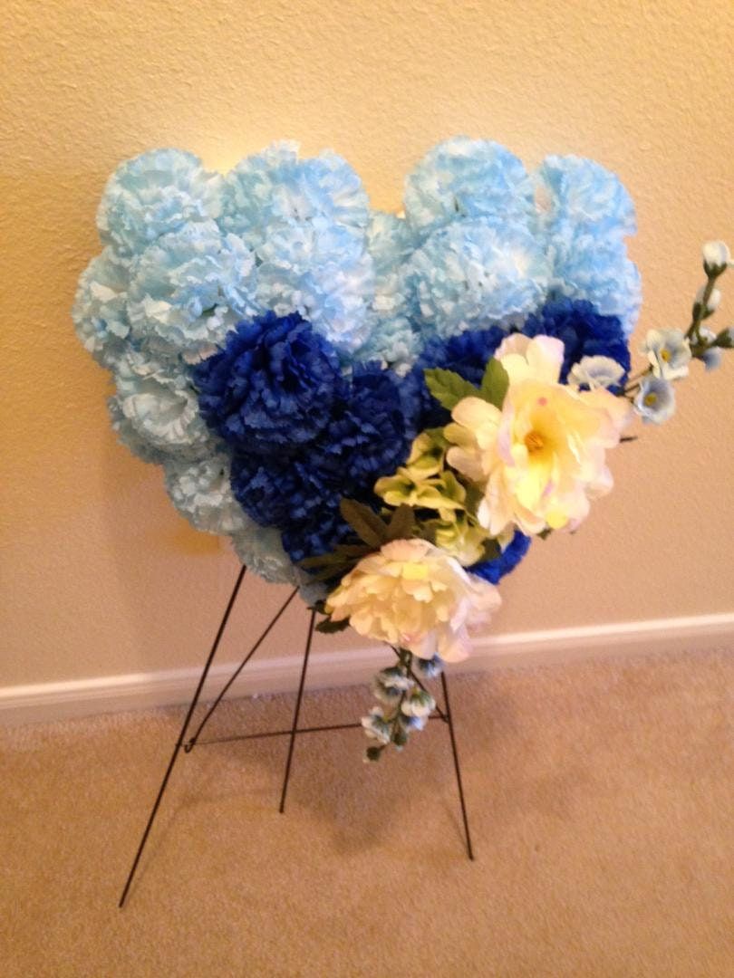 FLOWER Cemetery HEART on EASEL in Silk Blue Roses & Carnations for grave-site presentation in remembrance of loved ones. Easel Mounted