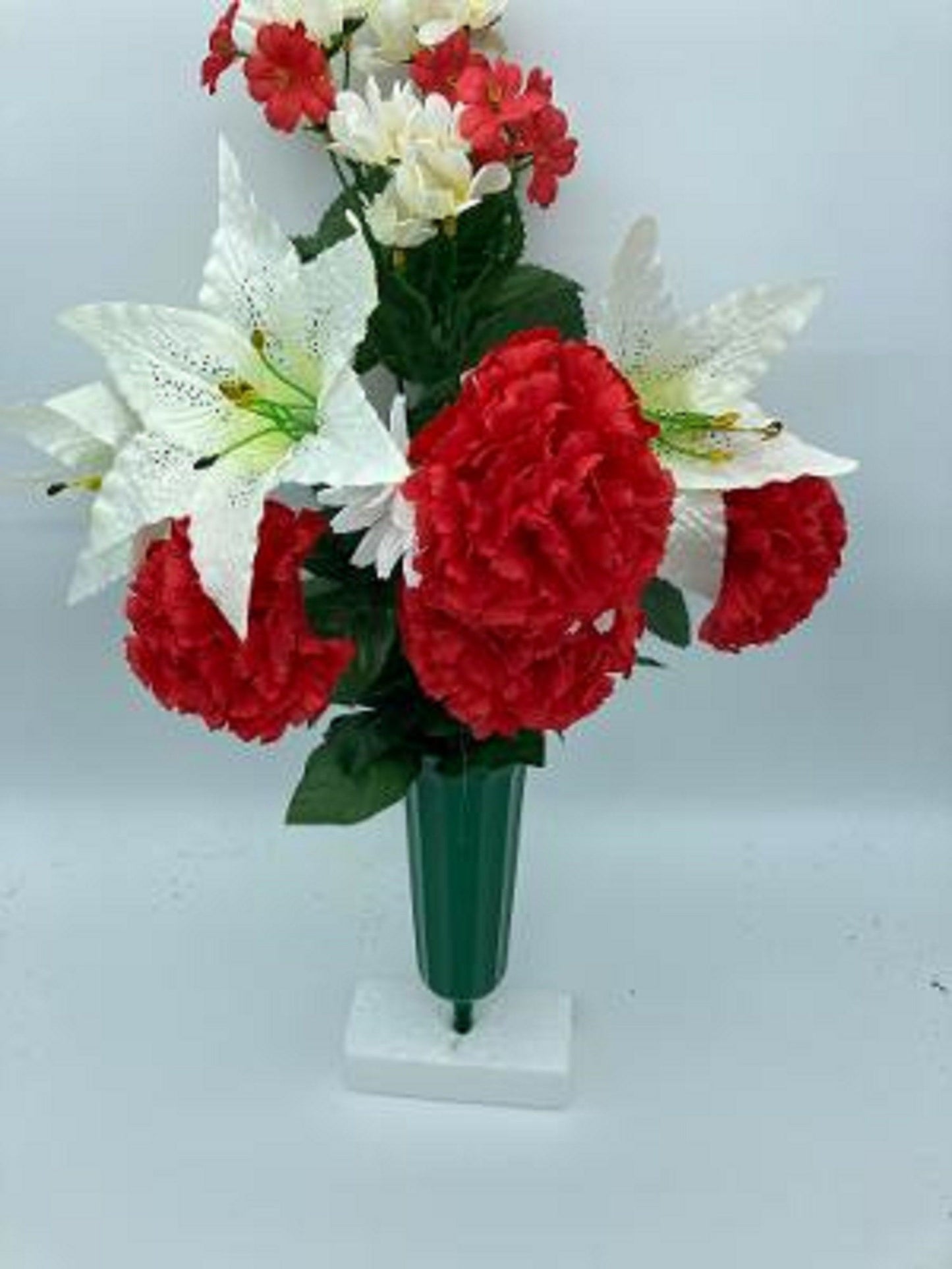 Bouquet Vase RED Carnations & WHITE Lilies for Grave-site Presentation in Remembrance of Loved Ones Or Home Garden Use -