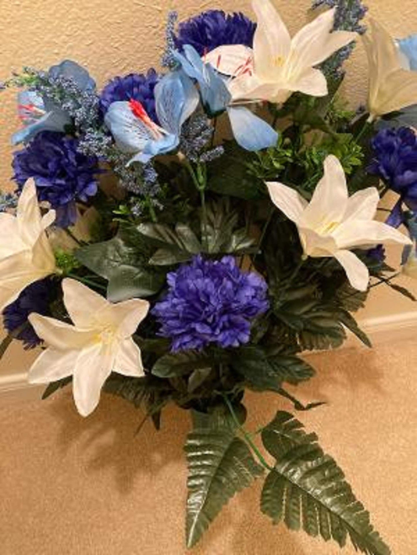 Cemetery Vase of Silk Blue Mum Lilly for Grave-site Presentation of Loved Ones -