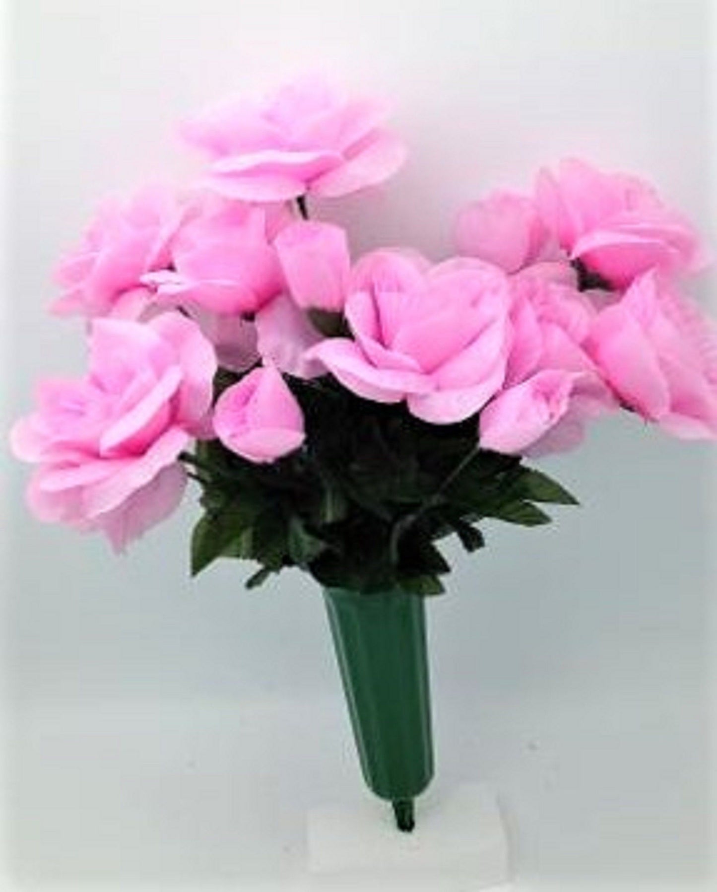 Cemetery Silk Flower Vase PINK Open Rose Bouquet