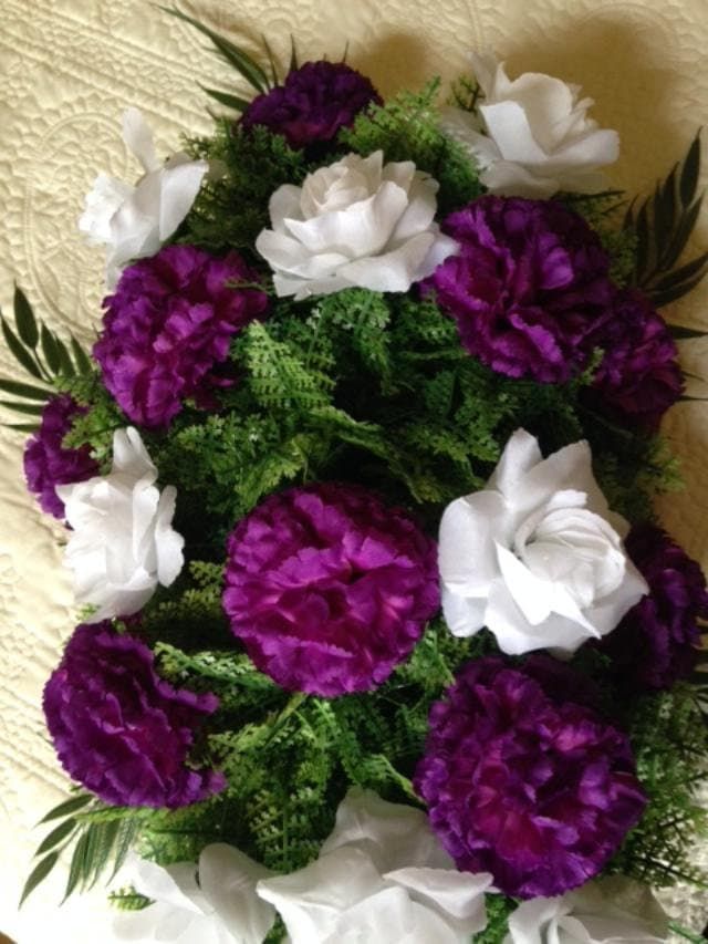 Cemetery SPRAY of SILK Flowers, easel mount in PURPLE for Grave-site Presentation in Remembrance of Loved Ones. Easel Mounted