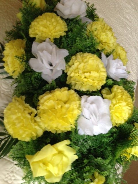 Artificial FLOWER SPRAY in Deluxe Yellow Easel Mount for Grave-site Presentation in Remembrance of Loved Ones -