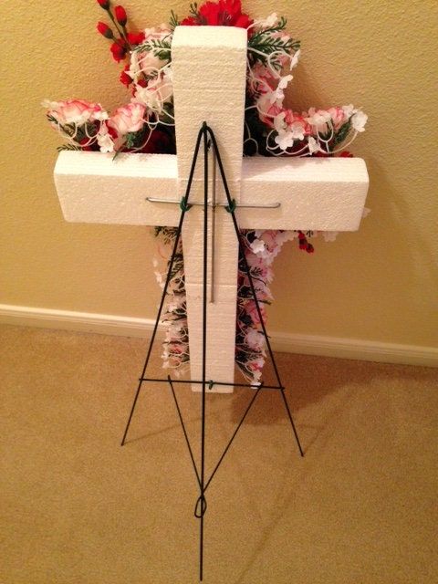 Cemetery SILK FLOWER CROSS in Red Deluxe Easel Mount for Grave-site Presentation in Remembrance of Loved Ones -
