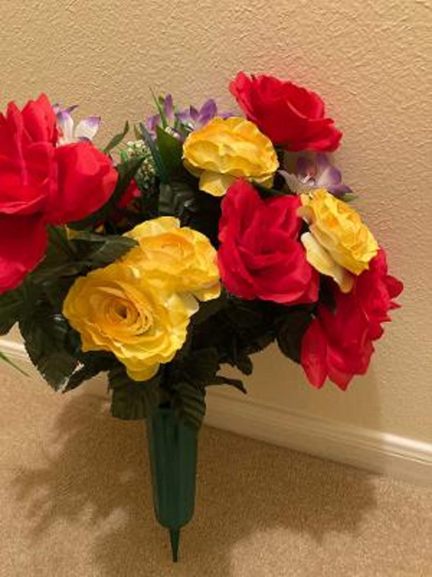 Cemetery Silk Red & Yellow Roses Supreme Arrangement with Vase