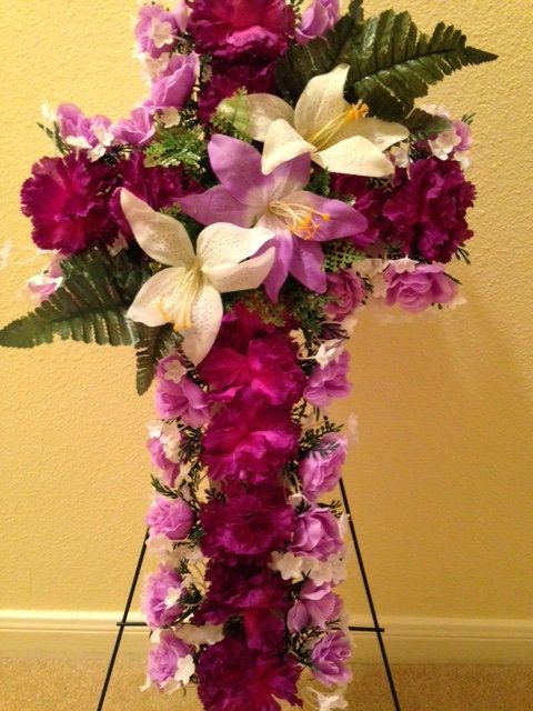 Cemetery Flower CROSS on Easel in Silk Purple Roses & Carnations for Grave-site Presentation in Remembrance of Loved Ones -
